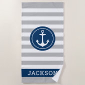 Nautischer Personalisierter Name Navy Gray Stripin Strandtuch (Vorderseite)