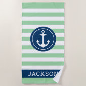 Nautischer Personalisierter Name Navy Green Stripi Strandtuch (Vorderseite)