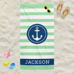 Nautischer Personalisierter Name Navy Green Stripi Strandtuch<br><div class="desc">Personalisiertes Strandhandtuchdesign mit einem runden gerahmten Bootanker und individuellem Text in einfacher und moderner Serifenschrift,  die mit einem Vornamen personalisiert werden kann. Navy blaue Kreise-Design und Textrahmen kontrastieren einen gestreiften,  hellgrünen und weißen Hintergrund mit einem stilvollen Muster horizontaler Streifen. Farben und Schriftart-Stil können komplett angepasst werden.</div>