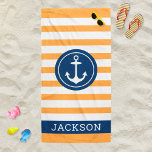 Nautischer Personalisierter Name Navy Orange Strip Strandtuch<br><div class="desc">Personalisiertes Strandhandtuchdesign mit einem runden gerahmten Bootanker und individuellem Text in einfacher und moderner Serifenschrift,  die mit einem Vornamen personalisiert werden kann. Das dunkelblaue Kreissdesign und der Textrahmen kontrastieren mit einem gestreiften orangen und weißen Hintergrund mit einem stylischen Muster horizontaler Streifen. Farben und Schriftart-Stil können komplett angepasst werden.</div>