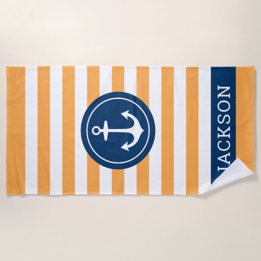 Nautischer Personalisierter Name Navy Orange Strip Strandtuch (Vorderseite)