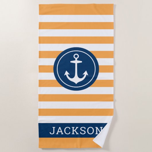 Nautischer Personalisierter Name Navy Orange Strip Strandtuch (Vorderseite)