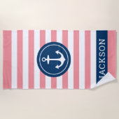Nautischer Personalisierter Name Navy Pink Stripin Strandtuch (Vorderseite)