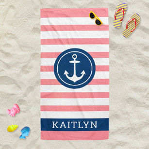 Nautischer Personalisierter Name Navy Pink Stripin Strandtuch