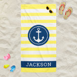 Nautischer Personalisierter Name Navy Yellow Strip Strandtuch<br><div class="desc">Personalisiertes Strandhandtuchdesign mit einem runden gerahmten Bootanker und individuellem Text in einfacher und moderner Serifenschrift,  die mit einem Vornamen personalisiert werden kann. Das dunkelblaue Kreissdesign und der Textrahmen kontrastieren einen gelb-weiß gestreiften Hintergrund mit einem stylischen Muster horizontaler Streifen. Farben und Schriftart-Stil können komplett angepasst werden.</div>