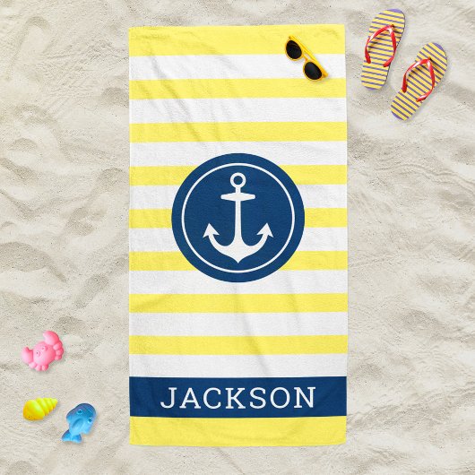 Nautischer Personalisierter Name Navy Yellow Strip Strandtuch