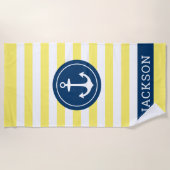 Nautischer Personalisierter Name Navy Yellow Strip Strandtuch (Vorderseite)