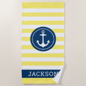 Nautischer Personalisierter Name Navy Yellow Strip Strandtuch (Vorderseite)