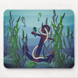 Nautischer rostiger blauer Anker/Algen/Muschel/See Mousepad