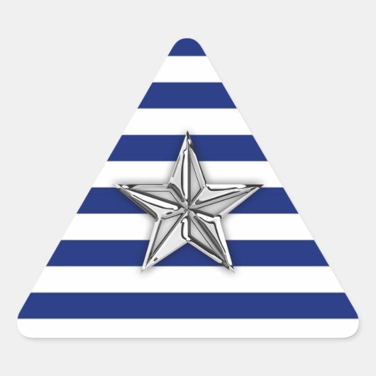 Nautischer Silberstern auf blauen Streifen Dreieckiger Aufkleber (Vorderseite)