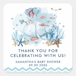 Nautischer Wal unter der Blue Boy Baby Dusche Quadratischer Aufkleber