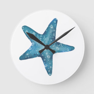 Nautischer Wasserfarb-Blauer Seestern Runde Wanduhr