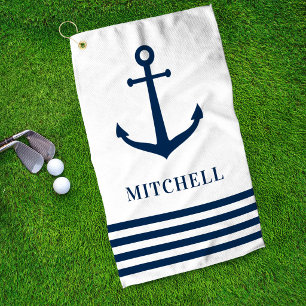 Nautischer weißer Anker-Streifen-Monogramm-Name Golfhandtuch