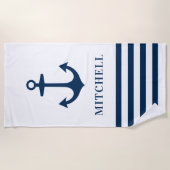 Nautischer Weißer Navy-Anchor-Individuelle Name Strandtuch (Vorderseite)