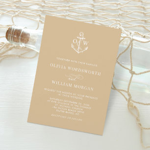 Nautisches Anker-Monogramm Beige Braune Hochzeit Einladung