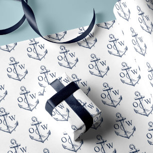 Nautisches Anker-Monogramm Weiß Marine  Geschenkpapier
