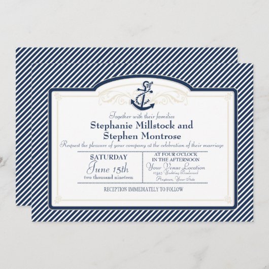 Nautisches Ankerboot Diagonal Streifen wirbeln Mod Einladung (Vorne/Hinten)