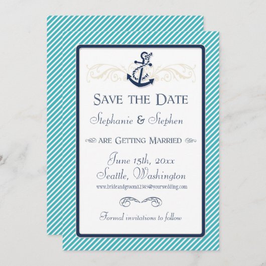 Nautisches Ankerboot Diagonal Streifen wirbeln Mod Save The Date (Vorne/Hinten)