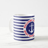 Nautisches Ankerdesign Navy Blue mit weißem Streif Kaffeetasse (Vorderseite Links)