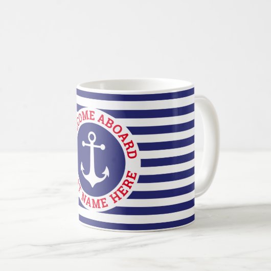 Nautisches Ankerdesign Navy Blue mit weißem Streif Kaffeetasse (VorderseiteRechts)