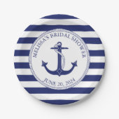 Nautisches Ankerschiff Navy Blue Stripe Brautparty Pappteller (Vorderseite)