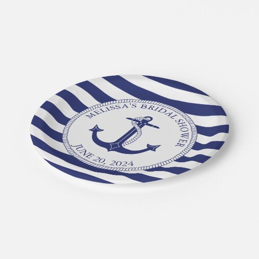 Nautisches Ankerschiff Navy Blue Stripe Brautparty Pappteller (Schrägansicht)