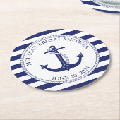 Nautisches Ankerschiff Navy Blue Stripe Brautparty Runder Pappuntersetzer (Angewinkelt)