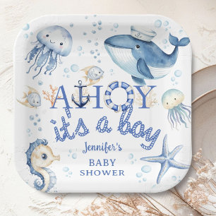 Nautisches Babyshower Ahoy, es ist ein Junge Navy Pappteller