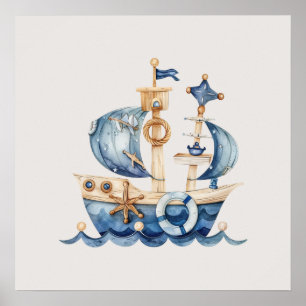 Nautisches Blau Baby Jungen Segelschiff Poster