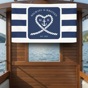 Nautisches Blau gestreiftes Herz-Anker-Hochzeit  Banner