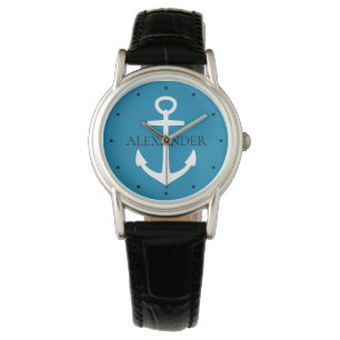 Nautisches Blau und Weiß Anker Personalisiert Armbanduhr