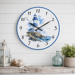 Nautisches Blau-Weiß-Leuchtturm Große Wanduhr