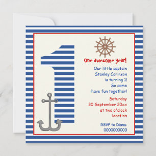 Nautisches Blau, weißes Segelboot 1. Geburtstagsfe Einladung