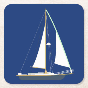 Nautisches blau-weißes Segelboot - Ozeanstrand Rechteckiger Pappuntersetzer