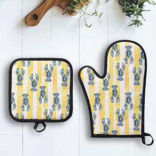 Nautisches Blaut-Wasserfarb-Hummer-Gelbstreifen Ofenhandschuh & Topflappen-Set