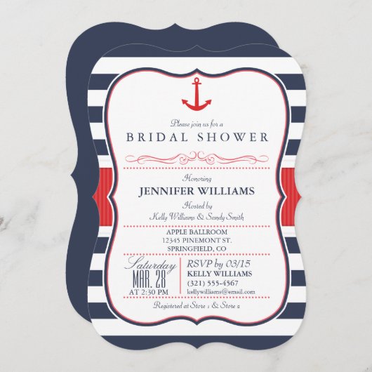 Nautisches Brautparty; Rot, Weiß und Navy Blau Einladung (Vorne/Hinten)