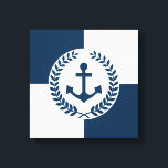 Nautisches Design Leinwanddruck<br><div class="desc">Nautisches Design mit Anker- und Lorbeerkraendekoration über blau-weißem geometrischem Hintergrund</div>