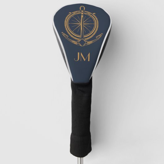 Nautisches Design mit Goldkompass und Anker Golf Headcover (Vorderseite)