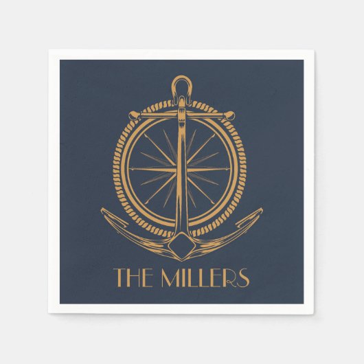Nautisches Design mit Goldkompass und Anker Serviette (Vorderseite)
