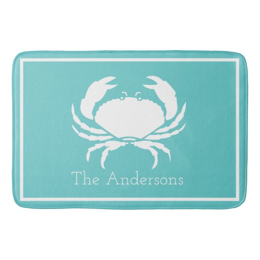 Nautisches Design mit weißer Krabbe auf Aquamarine Badematte (Vorderseite)