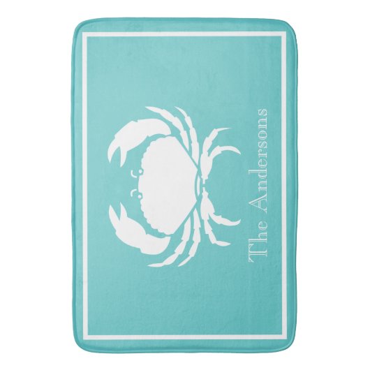 Nautisches Design mit weißer Krabbe auf Aquamarine Badematte (Vorderseite Vertikal)