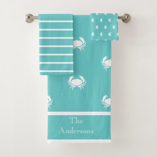 Nautisches Design mit weißer Krabbe auf Aquamarine Badhandtuch Set (Insitu)