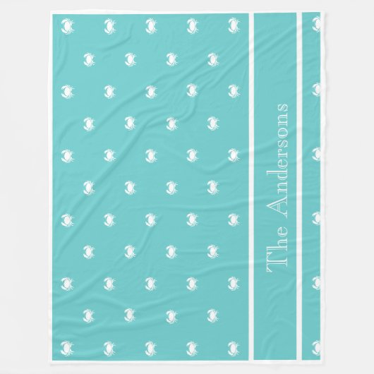 Nautisches Design mit weißer Krabbe auf Aquamarine Fleecedecke (Vorderseite)