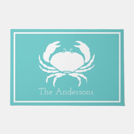 Nautisches Design mit weißer Krabbe auf Aquamarine Fußmatte (Vorderseite)