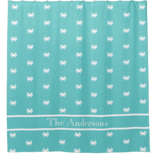 Nautisches Design mit White Crab auf Aquamarin Blu Duschvorhang (Vorderseite)
