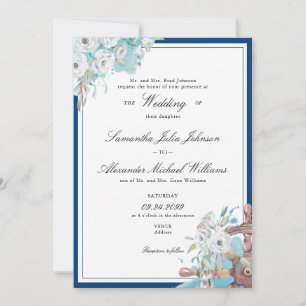 Nautisches florales Navy- und Weiß-Hochzeitskleid Einladung