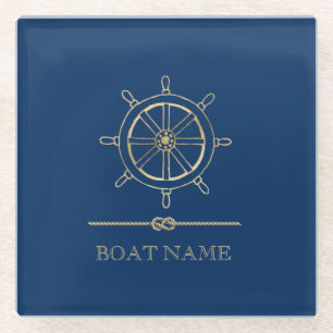 Nautisches goldenes Steuerrad, Marineblau Glasuntersetzer
