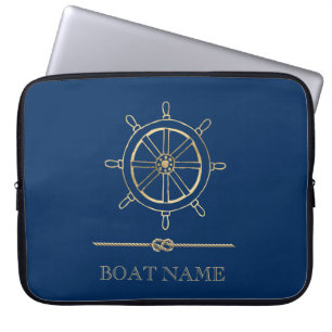 Nautisches goldenes Steuerrad, Marineblau   Laptopschutzhülle