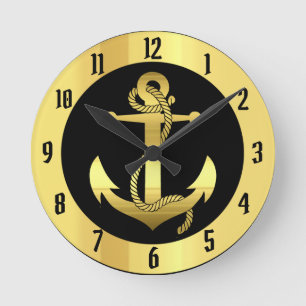 Nautisches Goldschiff/Schiffsanker auf schwarz Runde Wanduhr