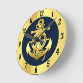 Nautisches Goldschiff/Schiffsanker/blau Runde Wanduhr (Winkel)